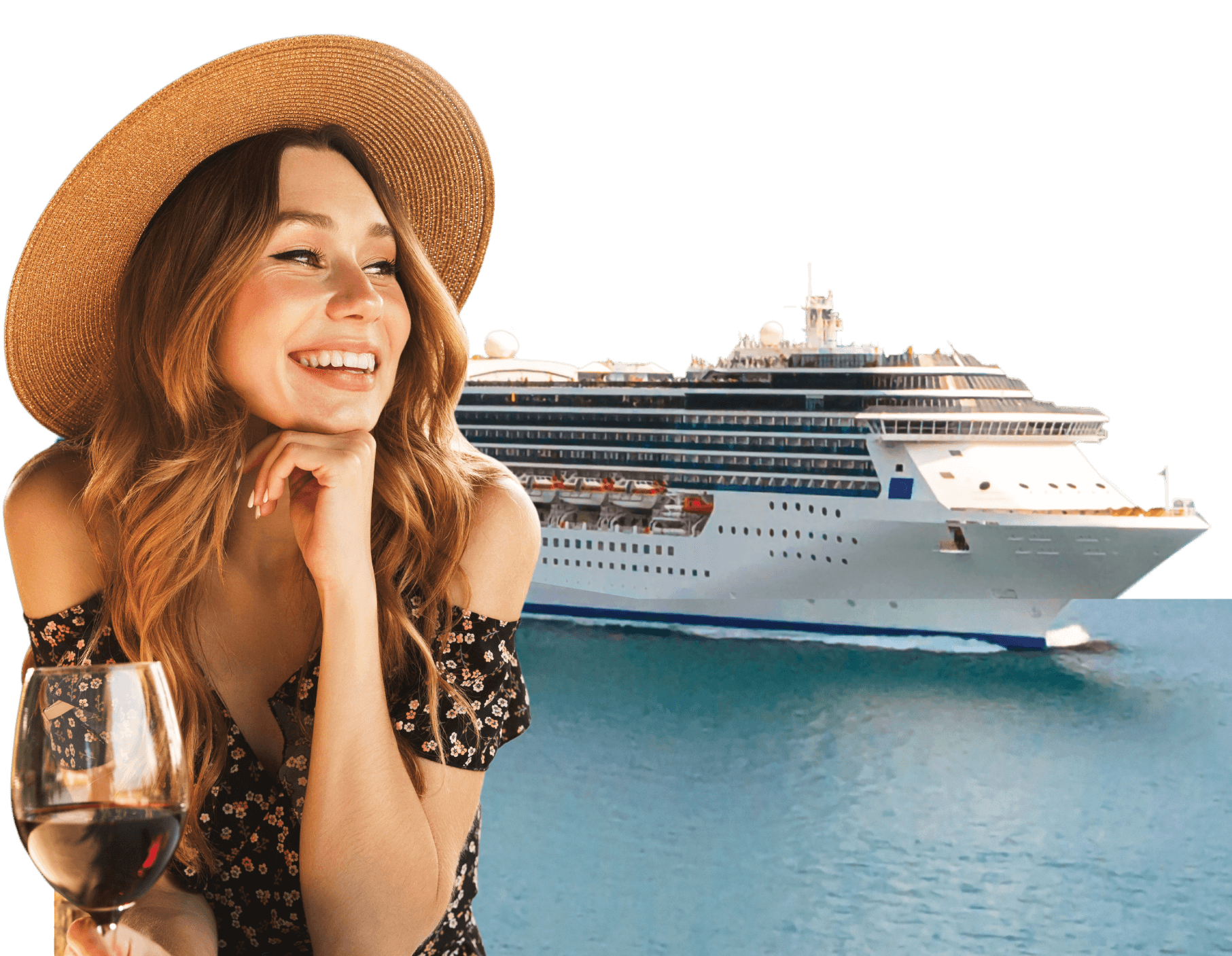 Lady with glass of wine and cruise ship behind her